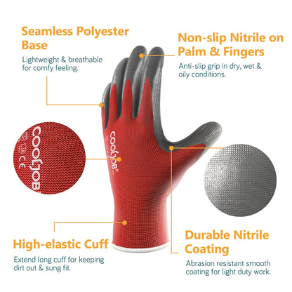 COOLJOB 10 Pairs Nitrile Dipped Safety Work Gloves with Grip, Non-slip Rubber Coated Bulk Garden Gloves for Men, Heavy-duty Oil Resistant for Truck Driver, Warehouse Box Handler, Medium, Red Blue