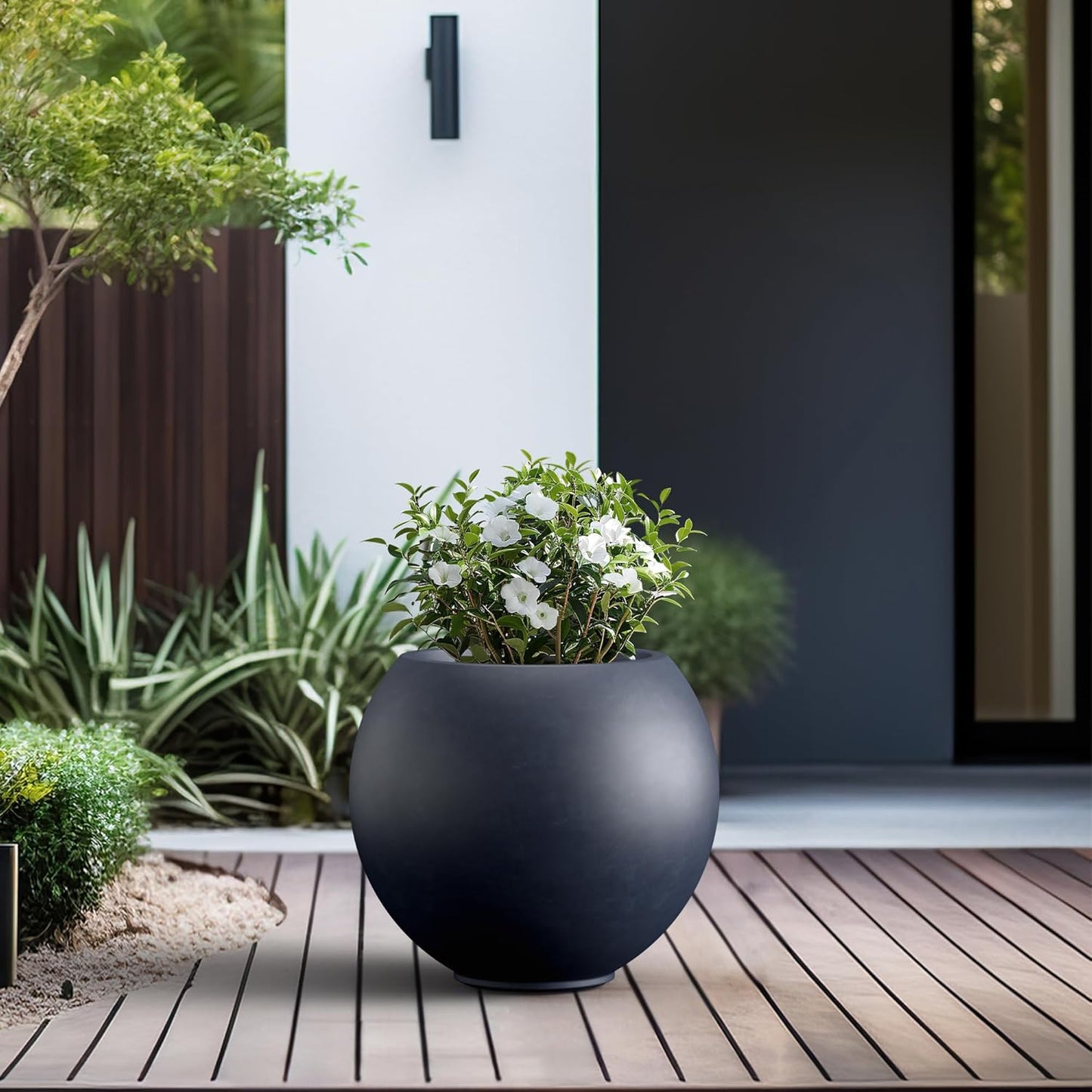 Kante Round Concrete Flower Pot, 19.3 Inch Dia (14" Opening) Sphere Shape Design Planter with Drainage Hole and Rubber Plug for Indoor & Outdoor Plants, Charcoal Finish with Forest Green Interior