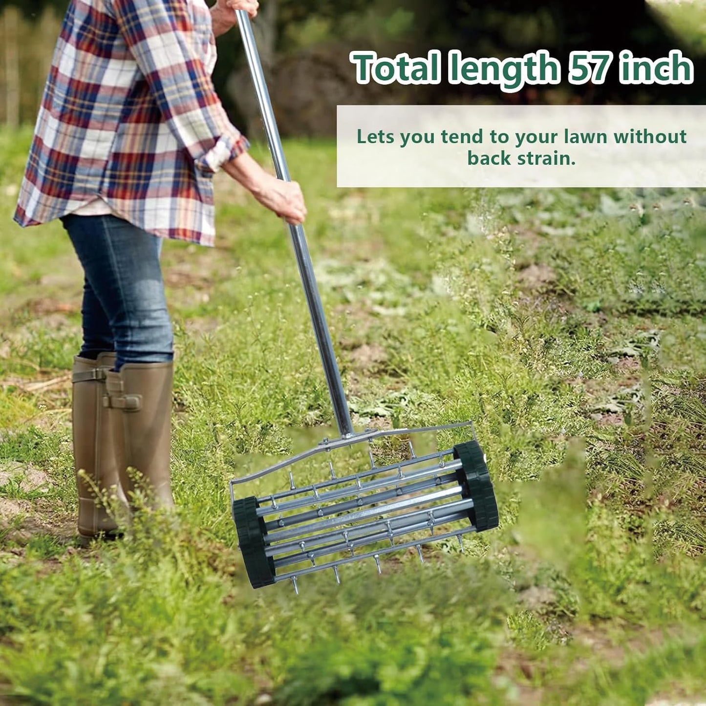 16-Inch Heavy Duty Rolling Lawn Aerator With Sharp Spikes & Anti-Slip Handle - Push Aerator for Garden, Yard - Manual Tool