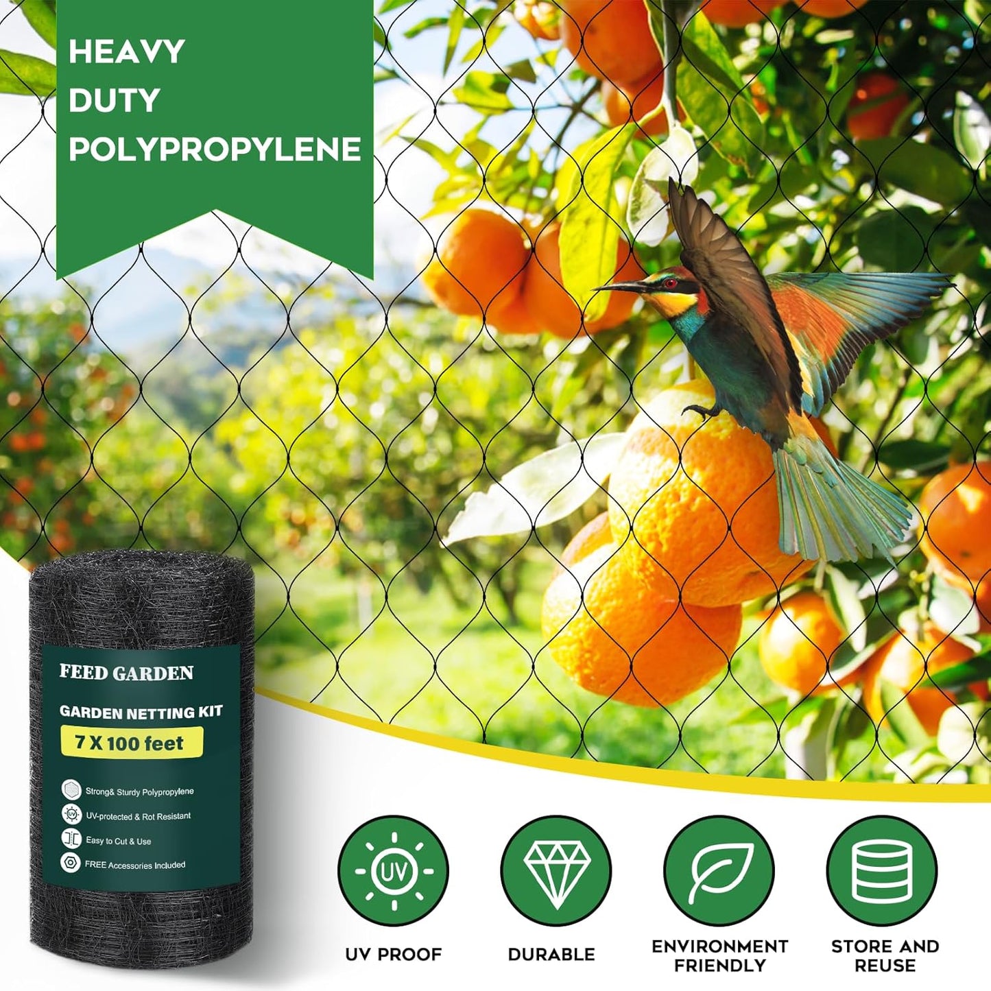 FEED GARDEN Deer Netting Deer Fence Netting, 7 x 100 Feet for Garden Protection Reusable Protective for Plants Fruit Trees Vegetables Against Birds and Other Animals