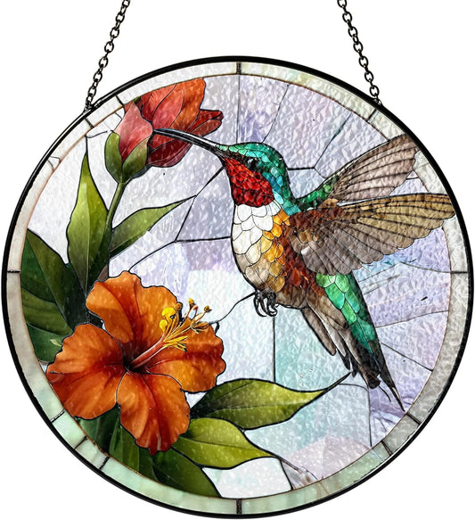 7.8" Green Hummingbird Stained Glass Suncatchers Art Glass Bird and Flowers for Sun Catcher Indoor