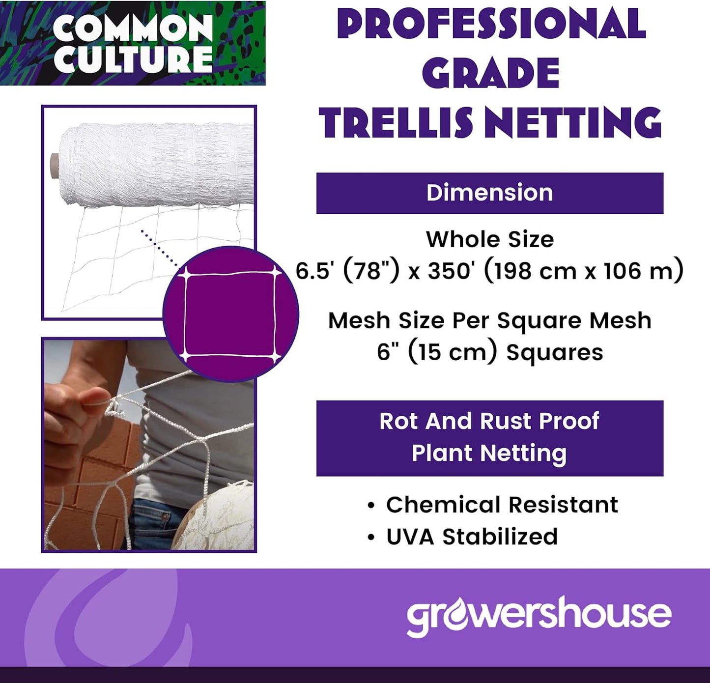 Soft Mesh Nylon Trellis Netting Bulk Roll - 6.5 x 350 ft Heavy-Duty Garden Netting for Plants + COMMON CULTURE Trimming Scissors