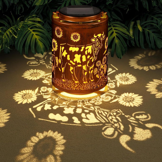 Solar Lanterns Garden Decor Birthday Gifts for Women Mon Grandma Metal Hanging Solar Lights Waterproof Outdoor Decoration for Outside LED Lanterns for Yard Patio Lawn (Cow)