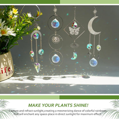 HDCRYSTALGIFTS 4 Pack Crystal Sun Catchers with Small Trellis for Potted Plants Indoor Plant Stake Suncatcher Decoration for Home Window Garden, Sliver