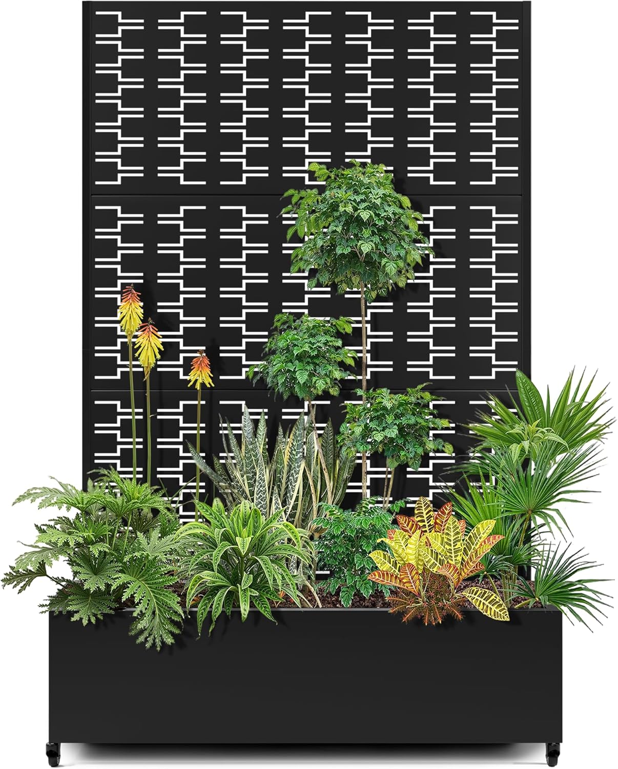 15.7"×70.9"×47.2" Metal Raised Garden Bed with Trellis and Wheels - Tall Trellis Planter Box for Climbing Plants, Vegetables & Vines - Outdoor Privacy Planters for Patio (Black-Brick)