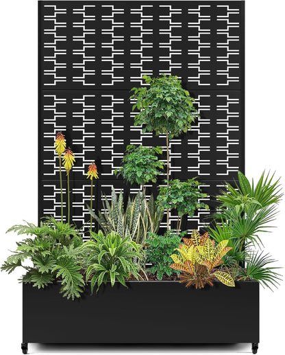15.7"×70.9"×47.2" Metal Raised Garden Bed with Trellis and Wheels - Tall Trellis Planter Box for Climbing Plants, Vegetables & Vines - Outdoor Privacy Planters for Patio (Black-Brick)