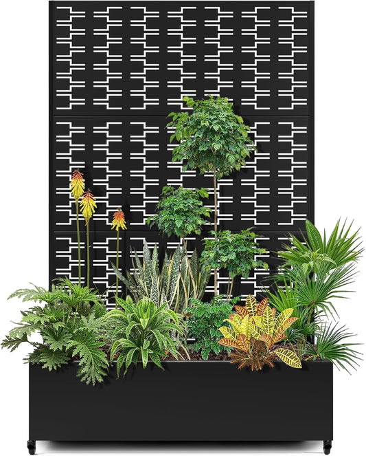 15.7"×70.9"×47.2" Metal Raised Garden Bed with Trellis and Wheels - Tall Trellis Planter Box for Climbing Plants, Vegetables & Vines - Outdoor Privacy Planters for Patio (Black-Brick)