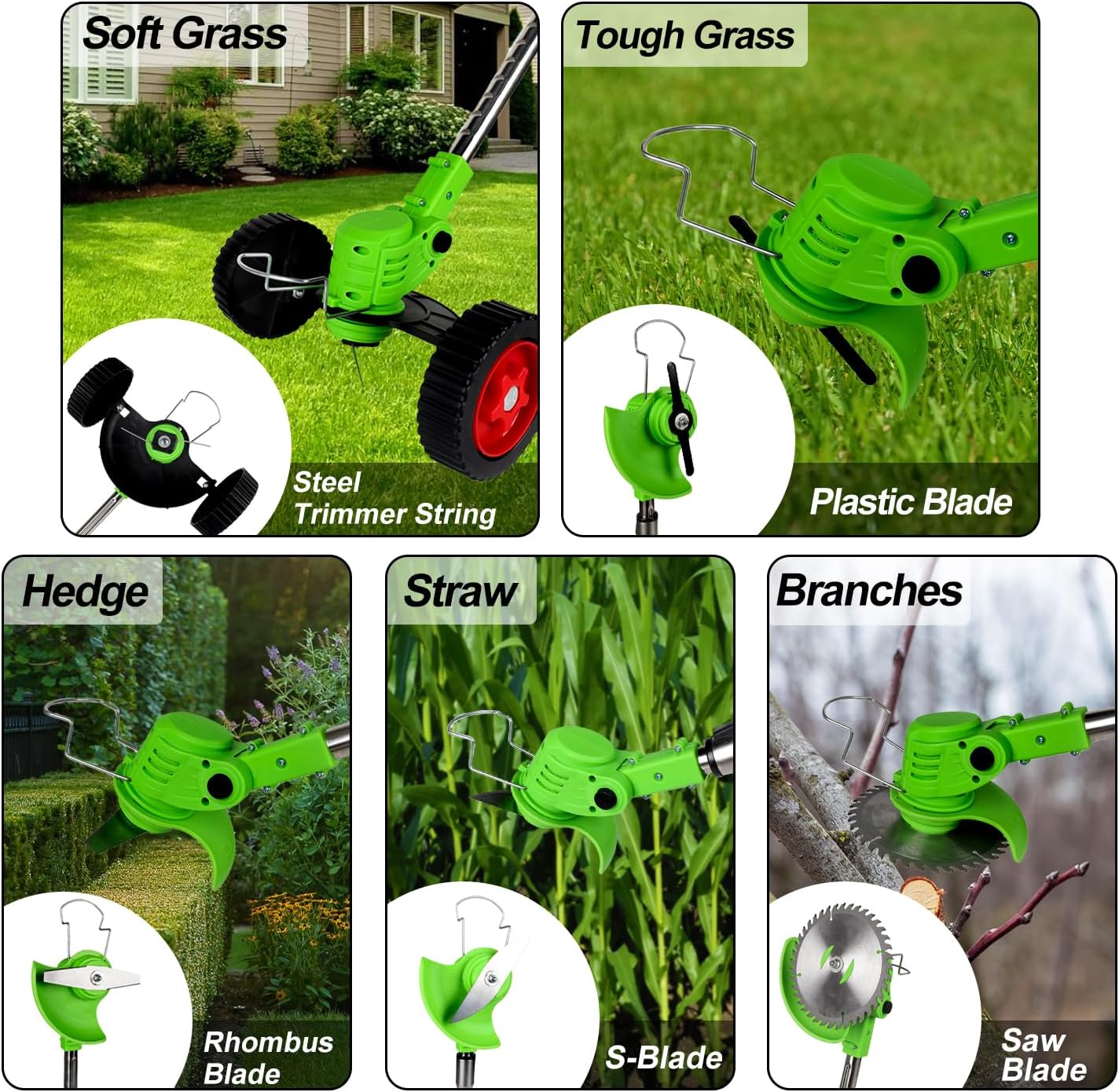 Cordless Weed Wacker Battery Powered Electric 21V 4.0Ah*2pcs 5 Types Blade&Wheels Grass Trimmer/Lawn Edger/Mower/Brush Cutter, Weeder Tool for Lawn Garden Pruning/Trimming (Unfoldable)