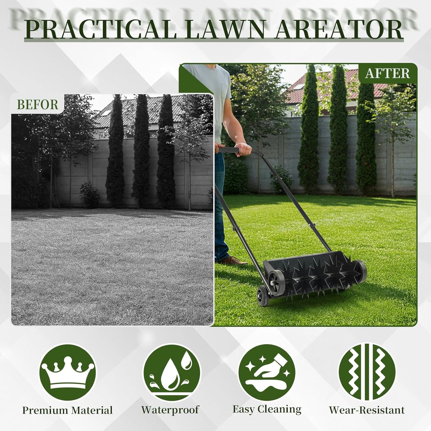 VINGLI Lawn Aerator, 19-Inch Heavy Duty Push Spike Aerator with 4 Wheels, Easy-to-Assemble, 45'' Push Rolling Aerator for Lawm, Yard and Garden(Black)