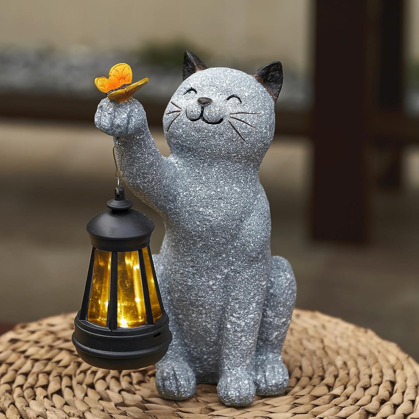 Solar Cat Garden Statue Outdoor Decor, Cat Sculpture with Lantern and Butterfly for Yard Lawn Patio Balcony, Christmas, Birthday Housewarming Gifts for Mom, Grandma, Women, 9.4 inch, Resin