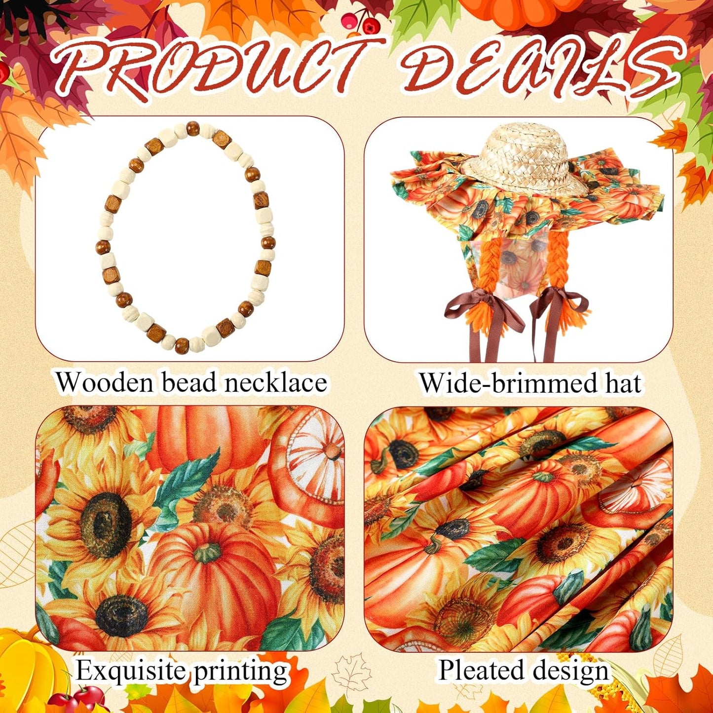 Fall Thanksgiving Goose Outfit Sunflower Porch Goose Costume with Hat Necklace for 23 Autumn Patio Yard Lawn Decor(Pumpkin,Sunflower)