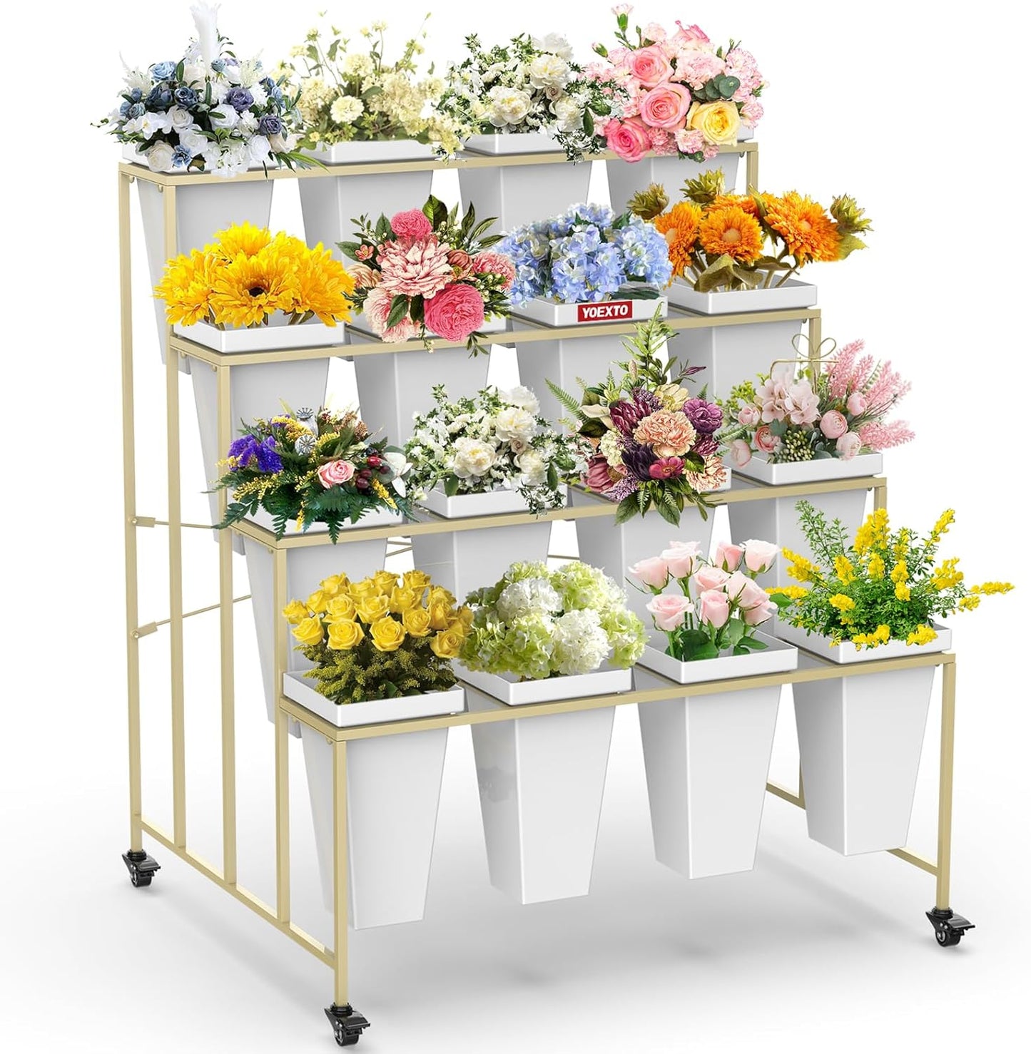 Flower Display Stand 4 Layers with 16 PCS Square Buckets, Plant Stand with Wheels, Movable Metal Plant Stand for Terrace Garden, Living Room, Florist Shop