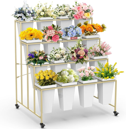 Flower Display Stand 4 Layers with 16 PCS Square Buckets, Plant Stand with Wheels, Movable Metal Plant Stand for Terrace Garden, Living Room, Florist Shop
