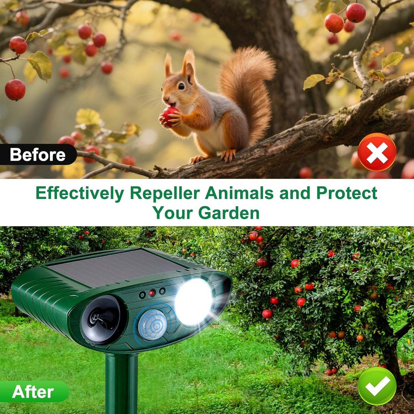 2 Pack Solar Animal Repeller for Raccoons, Deer & Squirrels - Ultrasonic & Strobe Light, Outdoor Deterrent for Cats, Dogs, Raccoons, Rabbits, Skunks, Foxes & More