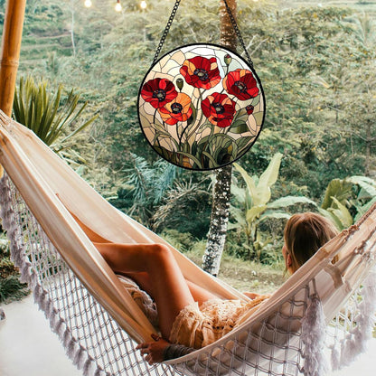 Stained Glass Window Hanging - Red Wildflowers Suncatcher for Door Garden Yard Flowers Sun Catchers Decor Christmas Mother's Day Birthday Gifts for Women Mom Nana Friend Men 15 in