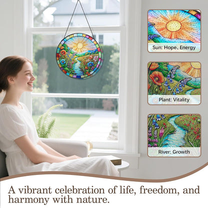 Stained Glass Window Hanging, Scenery Sun Catchers Stained Glass Panels for Indoor Windows Wall Art Decor, Birthday Gift for Mom Women Wife Men Lovers (7.87inch)