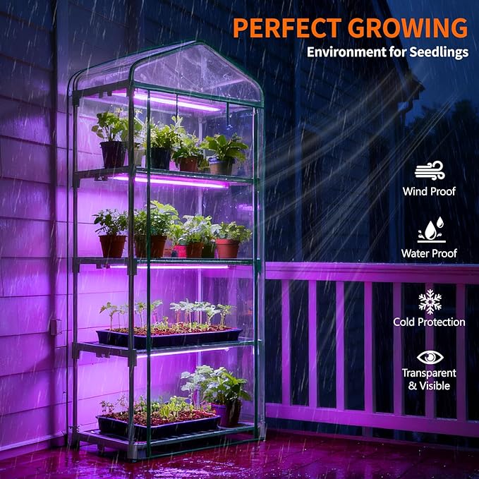 Indoor Greenhouse with Grow Light, 4-Tier Mini Greenhouse 27.6"x19"x63" Small Greenhouse with Zippered PVC Cover for Seed Starting Trays, Dimmable Plant Light for Indoor Plants with Timer
