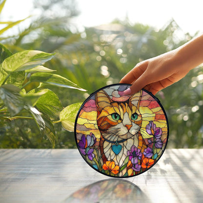Cat Flower Suncatcher Stained Glass Window Hanging, Orange Cat Sun Catchers Indoor Window Glass Wall Art Decor, Kitten Floral Wall Hanging Decor Decorations, 7.9x7.9 Inch 033-MH-BLGH