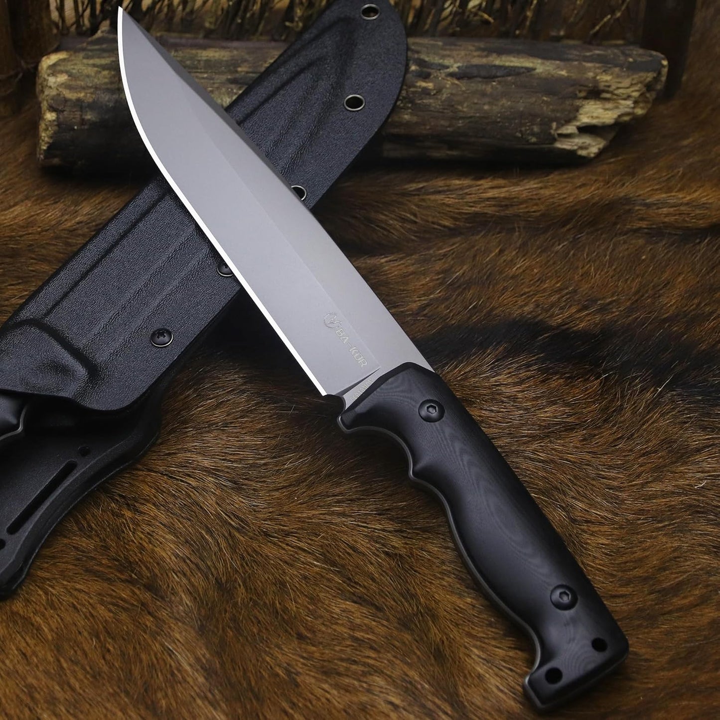 BA-KOR 5mm (9CR18MOV) steel 12.4" full tang hunting knife+K sheathing &5.9" cerium igniter Suitable for outdoor hunting, camping, wilderness survival, outdoor rescue, barbecuing, fishing, and as a gift