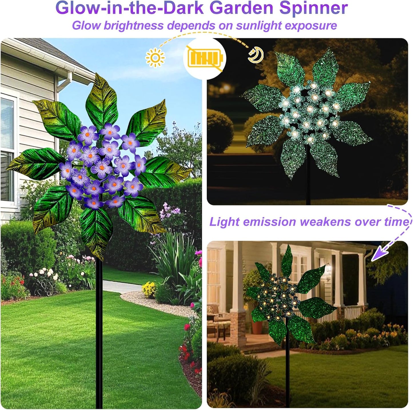 Glow-in-Dark Metal Wind Spinner for Yard and Garden, Outdoor Luminous Wind Spinners Yard Art Garden Decor (13.4" W x 47" H) Purple