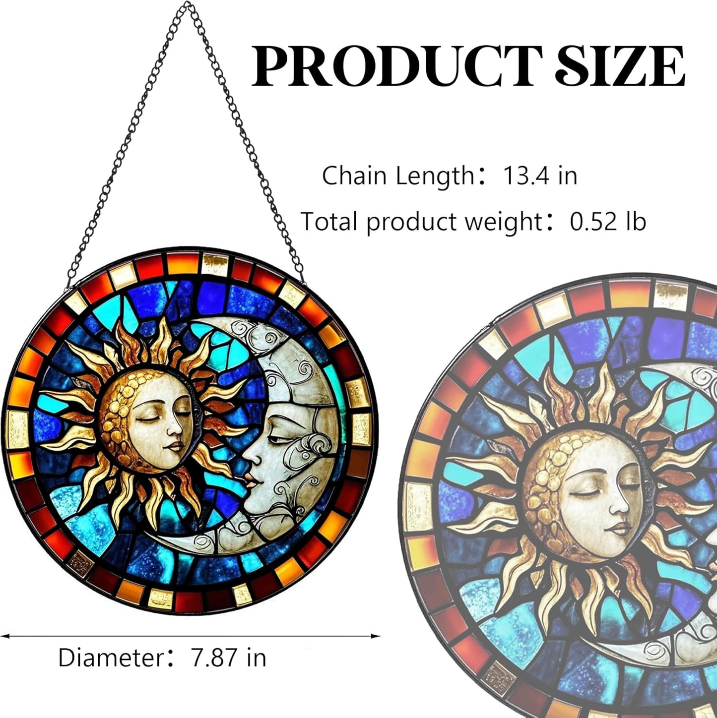 Sun and Moon Decorative Stained Glass Sun Catcher - Handcrafted 7.87 Inch Celestial Decoration, Stained Glass Window Hanging, Outdoor Garden Decor Gift, Gift for Friends, Family, Coworkers, Classmates