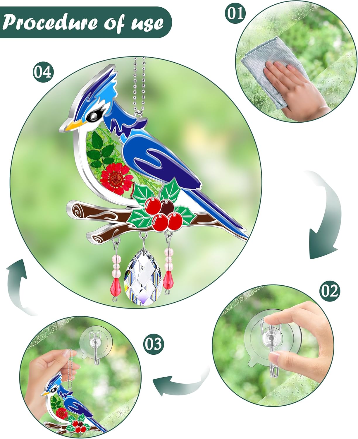 KY&BOSAM Blue Bird Suncatcher Gifts for Mom Hand Painted Stained Glass for Windows Hanging Wind Chime Pressed Rearl Flower Wings and Crystal Charm Gift for Mom Mother`s Day Birthday Christmas Decor