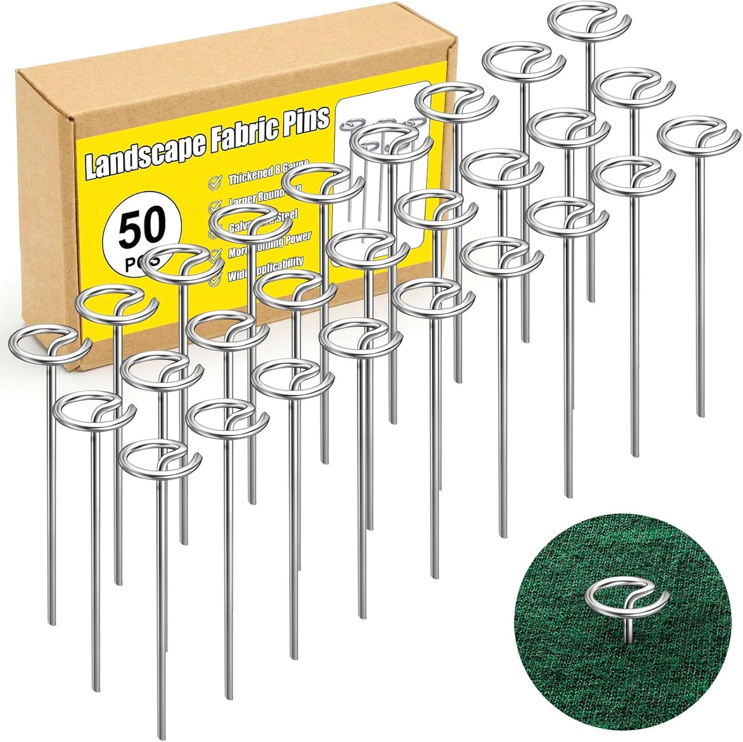 50 Pcs Landscape Pins, Thickened 8 Gauge Circle Top Landscape Fabric Pins, 6 Inch Galvanized Garden Stakes, Rust-Resistant, Heavy Duty Ground Pin for Securing Lawn Fabric Weed Barrier