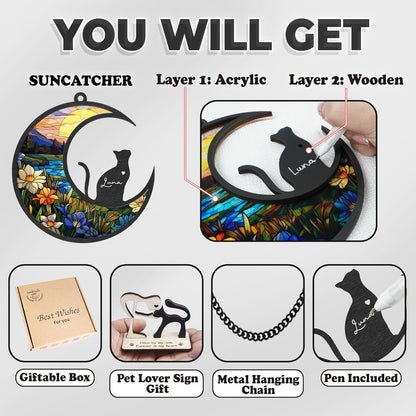 6'' DIY Cat on Moon Memorial Suncatcher, Personalized Name Cat Sympathy Ornament Window Hanging, Ideas Gift for Loss of Pet Passing Away, Remembrance Keepsake for Pet Lovers SCC-B11-6-03