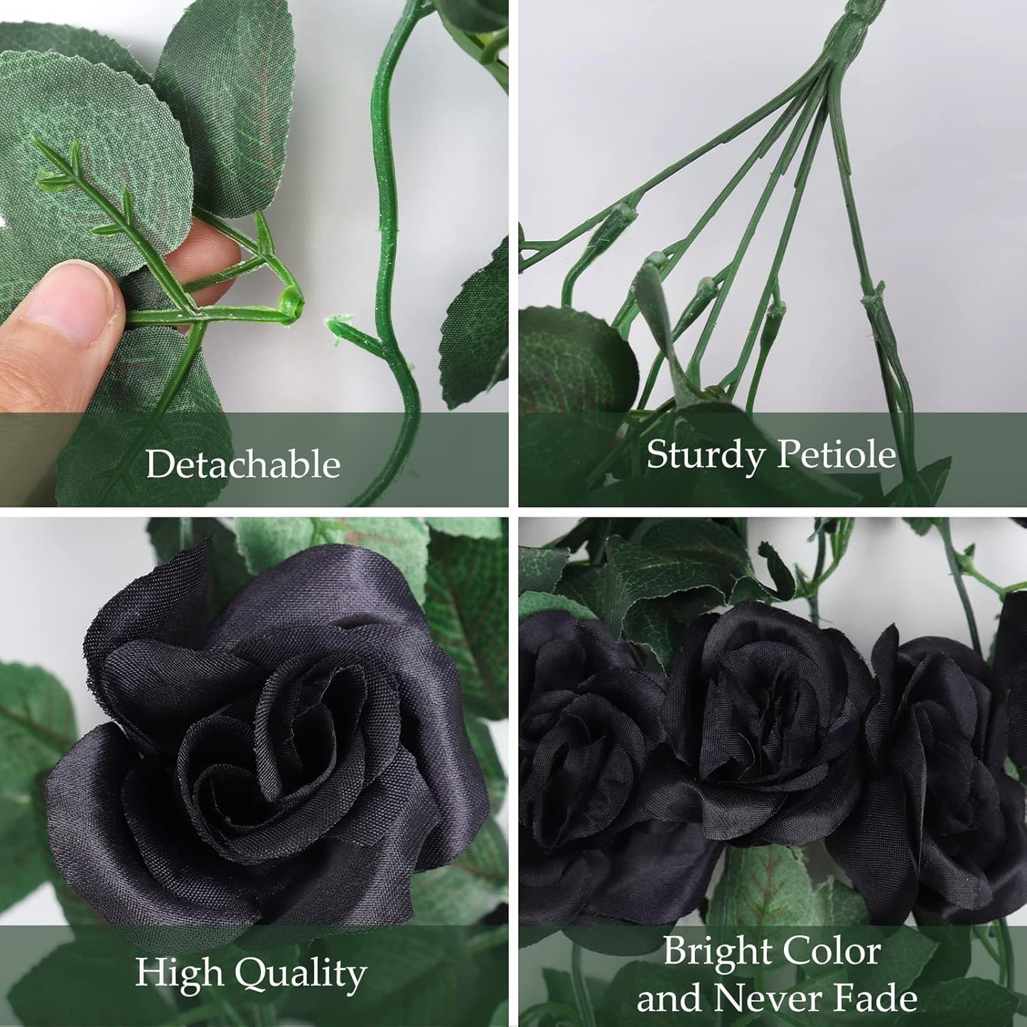 RECUTMS Artificial Hanging Rose Flower 4Pieces 3.3Ft Flowers for Outdoors with 30 LED Fairy String Lights Fake Indoor Wall Wedding (Black)