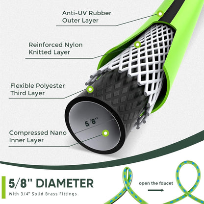 Hybrid Hose 100ft x 5/8", Short Garden Water Hose Heavy Duty, Flexible, Lightweight Hybrid Water Hose with Swivel Handle,3/4'' Brass Fittings, Available For Reel Cart Backyard Burst 500 PSI