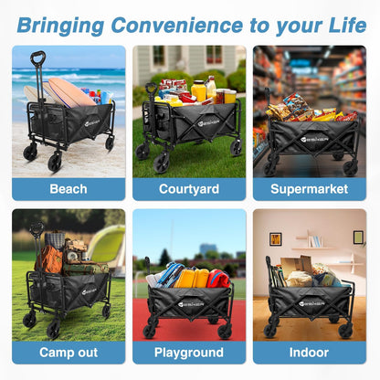 Yesker Foldable Wagon - 220lbs Collapsible Garden Carts with All Terrain Wheels for Outdoor Camping Sports Shopping Gardening - Heavy Duty Portable Utility Trolley (Black)