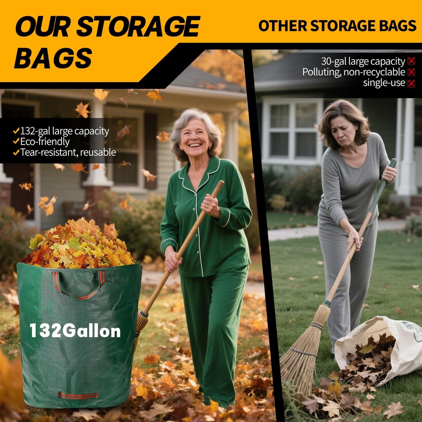 Reusable Yard Waste Bags - 2 Pack, 132 Gallon Large Yard Waste Bag with Reinforced Handles, Ideal for Grass, Leaves, and Yard Waste - Durable and Garden Waste Bags, Large Leaf Bags Stand Up.
