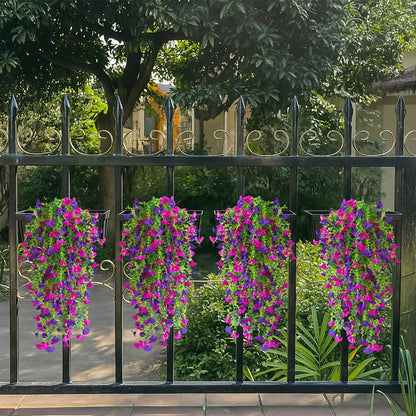 Artificial Hanging Flowers – 4 Pack UV Resistant Fake Morning Glory Vine Faux Plants for Porch, Patio, Balcony, Garden, Indoor & Outdoor Decor (Purple & Hot Pink)