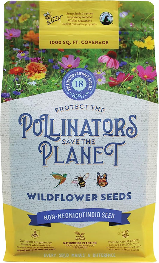 BUZZY Wildflower Pollinator Seed Mix (1lb Bag), 18 Pollinator-Friendly Varieties, Protect The