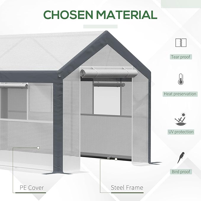 Outsunny 12' x 7' x 7' Walk-in Greenhouse, Outdoor Garden Warm Hot House with 4 Roll-up Windows, 2 Zippered Doors and Weather Cover, White