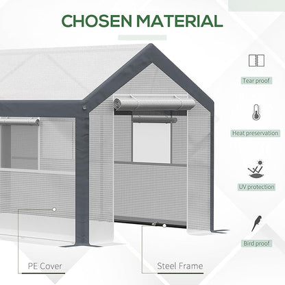 Outsunny 12' x 7' x 7' Walk-in Greenhouse, Outdoor Garden Warm Hot House with 4 Roll-up Windows, 2 Zippered Doors and Weather Cover, White