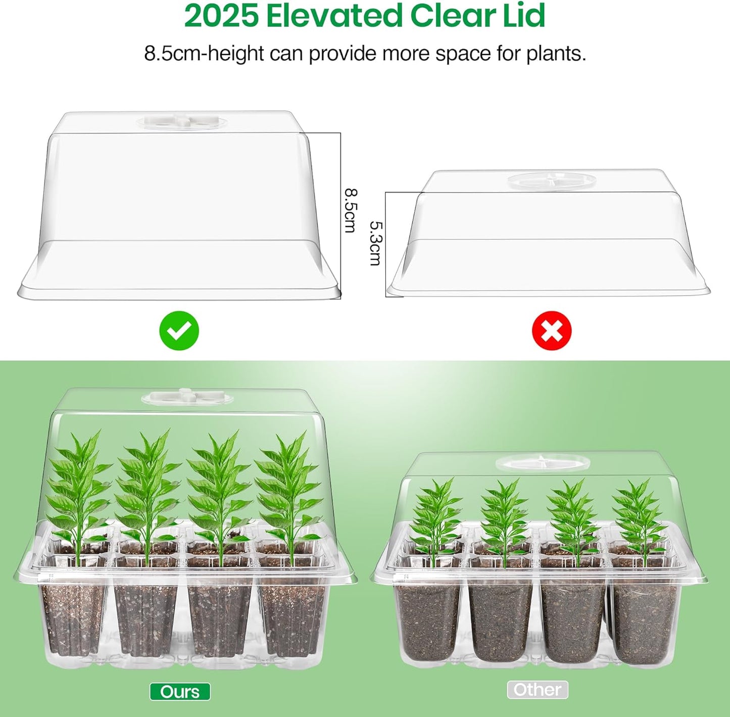 Bonviee 5 Packs Seed Starter Tray with Grow Light, Elevated Seedling Starter Trays Kits with Adjustable Humidity Domes and Clear Cell Tray, 12 Full Spectrum led lamp Beads for Plants Indoor-Clear