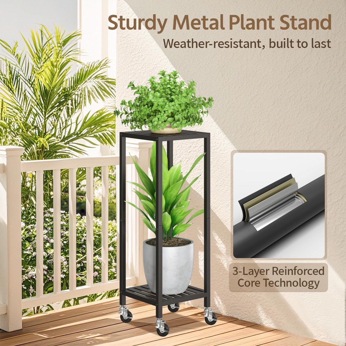 LASZOLA 2 Tier Black Metal Plant Stand Indoor Outdoor with Wheel for Large Planter, Modern Heavy Duty Tall Rolling Rack for Corner House Bathroom Patio Floor, Iron Flower Shelf Holder for Orchid Fern
