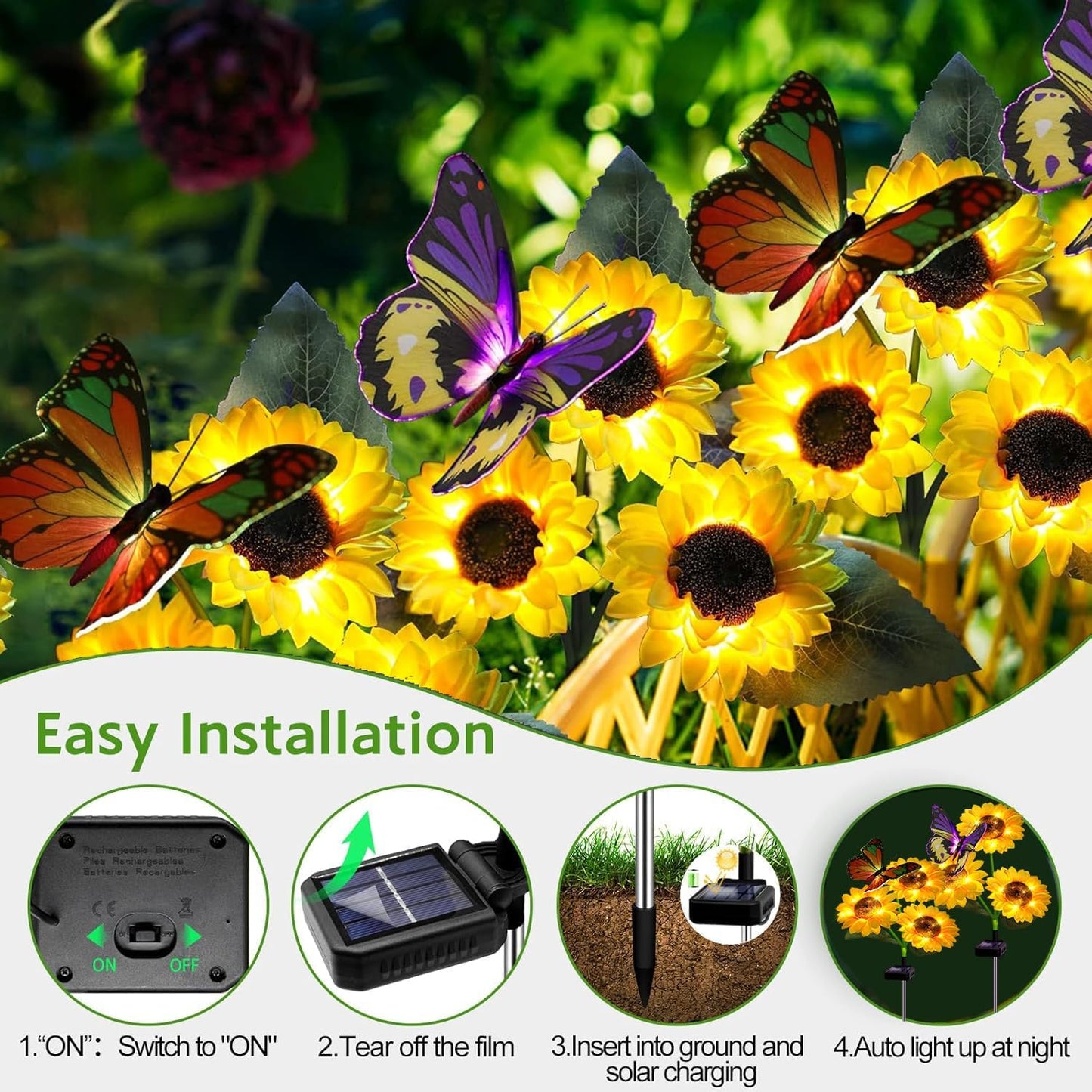 ANGMLN Solar Sunflower Outdoor Garden Lights, 2 Pack Solar Flower with Butterfly Waterproof Garden Decor, Gifts for Mom Grandma, Waterproof Decorative Lights for Pathways Patios and Yards Decorations