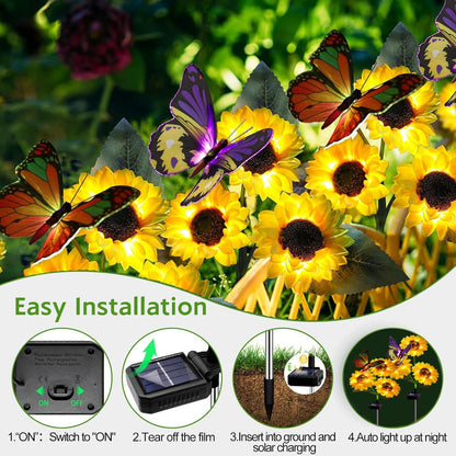 ANGMLN Solar Sunflower Outdoor Garden Lights, 2 Pack Solar Flower with Butterfly Waterproof Garden Decor, Gifts for Mom Grandma, Waterproof Decorative Lights for Pathways Patios and Yards Decorations