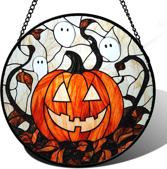 Stained Glass Window Hanging - Halloween Decorations Pumpkin Ghost Suncatcher for Doors Garden
