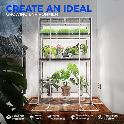 Barrina CX5Z Indoor Greenhouse with Grow Light, 6PCS 30W per Light Full Spectrum T8 Plant Lights, 4-Tier Portable Metal Plant Stand Tent and Thermometer for Seed Starting, 35.4x13.8x59IN