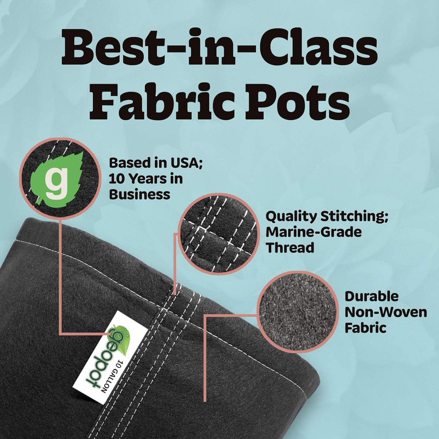 GeoPot 10 Gallon Fabric Grow Bags for Vegetables, Houseplants, Herbs & Flowers |5-Pack| Fabric Pots for Outdoors and Indoors, Aerated Fabric Grow Bags