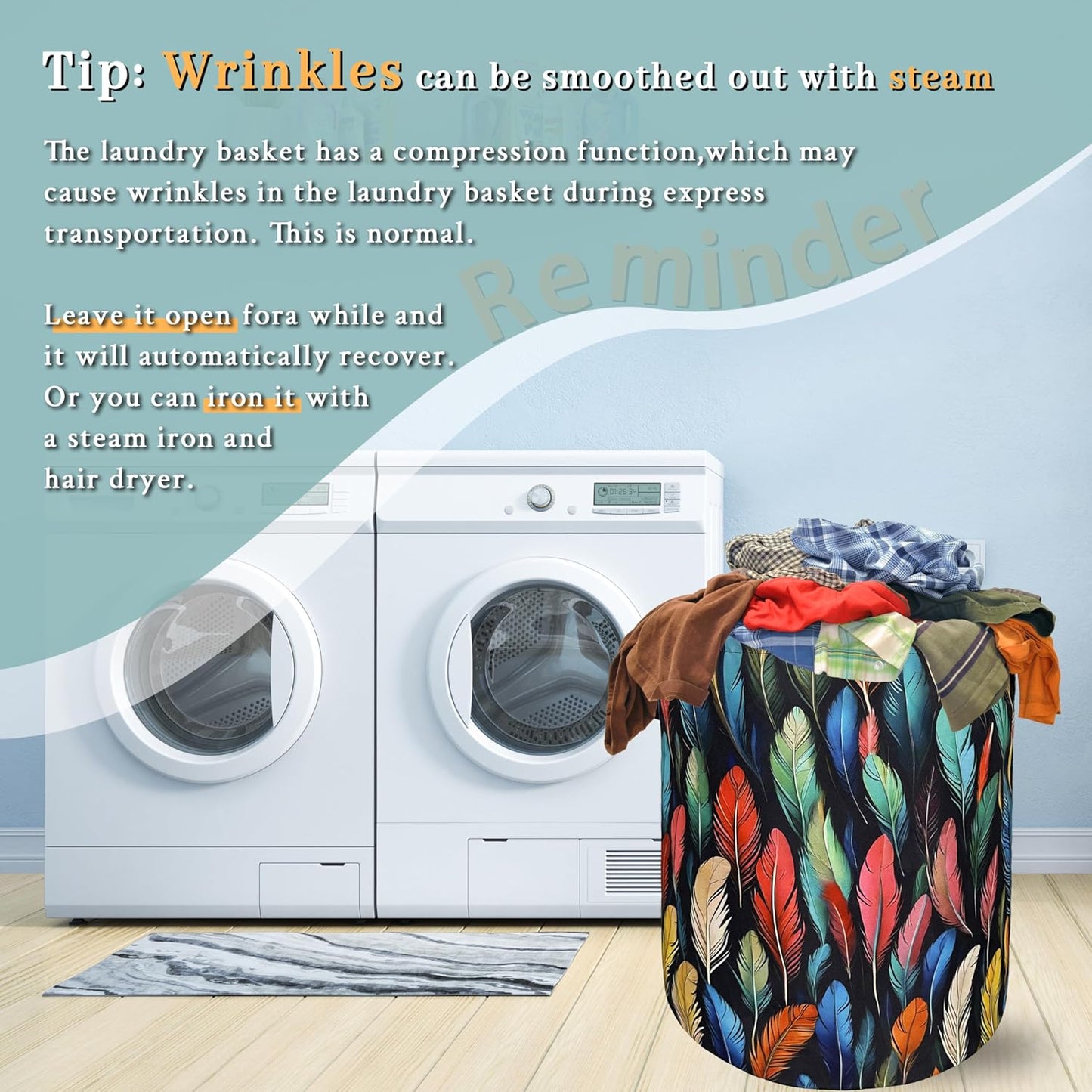 Feathers Laundry Basket Foldable With Handles Funny Tote Bag Oxford Cloth Colorful Feather Laundry Hamper Clothes Storage Bucket Toy Organizer For Bathroom/Laundry/Bedroom 18.9" x 16.5 "