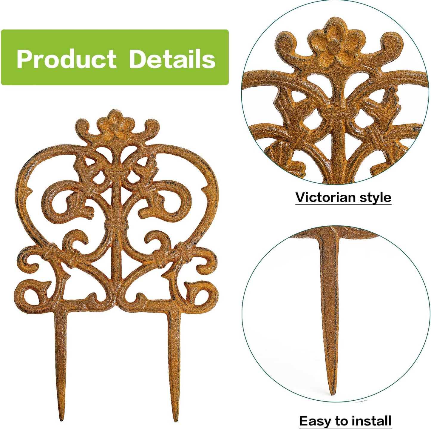 Sungmor Decorative Cast Iron Garden Edging, 4 Pack Full Rusted Victorian Garden Edging Landscape Border, Vintage Metal Yard Stake Low Picket Fence, 11.8" Tall Outdoor Flower Bed Lawn Fence Panels