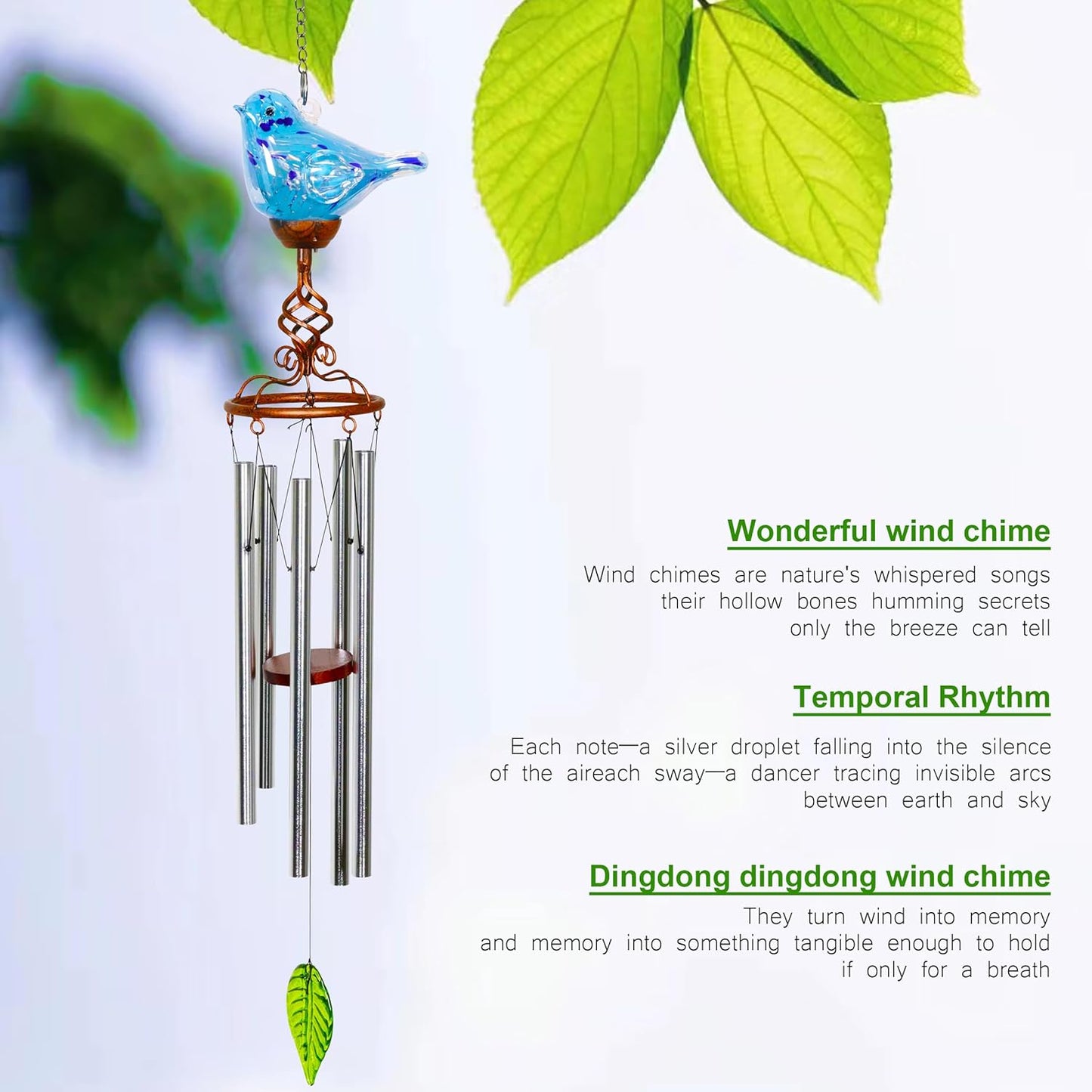Solar Glass Bird Shape Wind Chimes, LED, Outdoor Glass and Metal Decoration for Lawn and Patio, 7 x 4 x 44 inches (Light Blue)