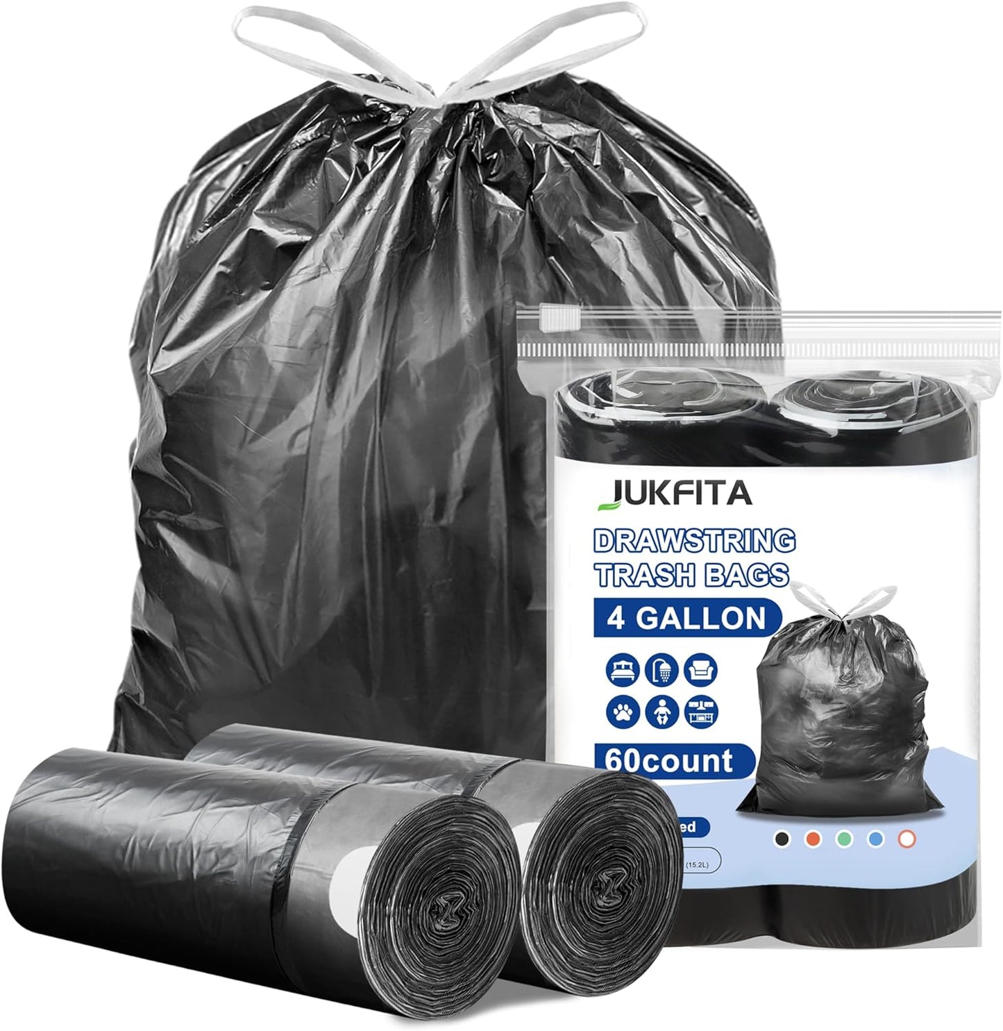 Small Trash Bags Bathroom - JUKFITA 4 gallon trash bags drawstring, Tear-Free Trash Bags Unscented 60 Count