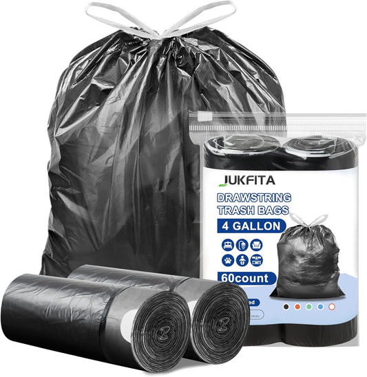 Small Trash Bags Bathroom - JUKFITA 4 gallon trash bags drawstring, Tear-Free Trash Bags Unscented 60 Count
