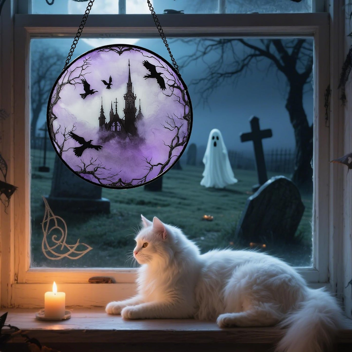 Stained Glass Window Hanging - Halloween Gothic Castle Purple Smoke Suncatcher for Doors Garden Home Spooky Crow Sun Catchers Gothic Decor Horror Gift for Women Men Friend Boy Girl 7.8 in