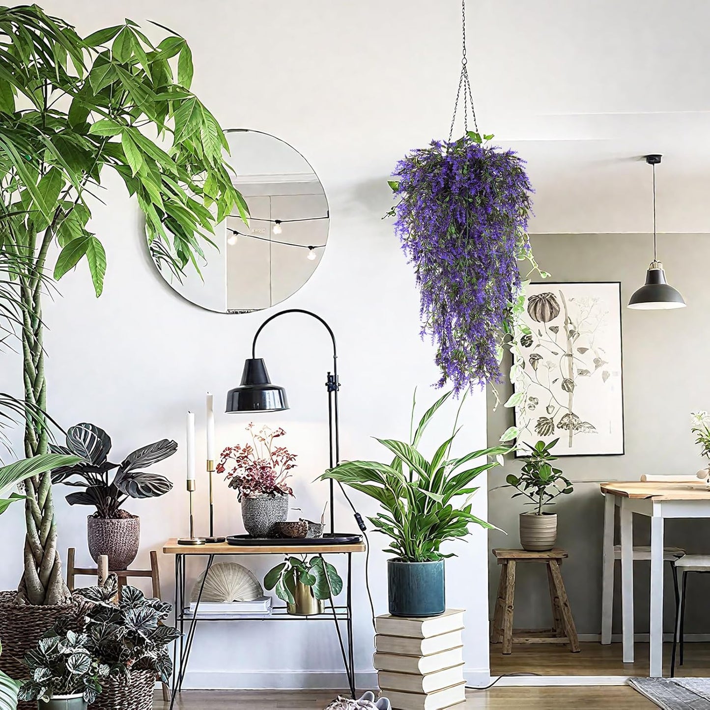 SJL Hanging Flowers Fake Hanging Plants Artificial Greenery UV Resistant Artificial Outdoor Plants Lavender Flower Faux Vines Fake Ivy Greenery for Bathroom Home Wall Bedroom Office Decor (Purple)
